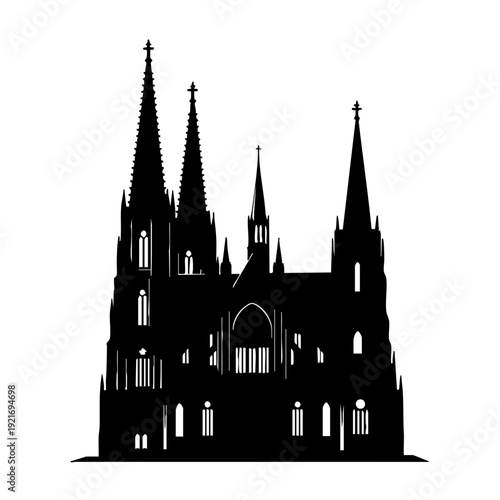 The intricate silhouette of a gothic cathedral, a symbol of architectural grandeur and historical significance. The artwork emphasizes the soaring spires, detailed facades, and overall aesthetic