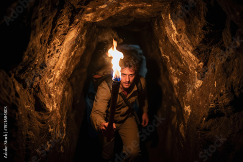A brave adventurer, an explorer, searching for lost ancient artifact, holds a burning wooden torch, its flames lighting the way as he bravely explores a deep dark cave while danger and mystery awaits.