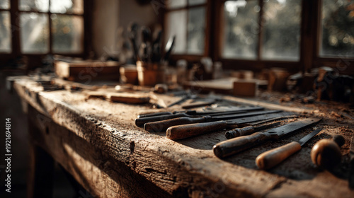 Artisan workbench with hand tools neatly arranged on wooden surface, warm natural lighting, rustic texture, high-detail craftsmanship theme, commercial realism,