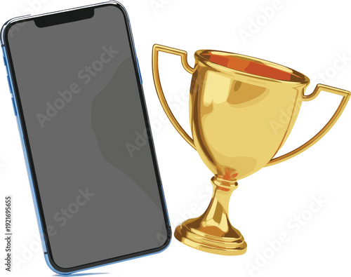Success Achievement Concept Vector Illustration with Smartphone and Golden Trophy Award Business Victory Goal Motivation Flat Design