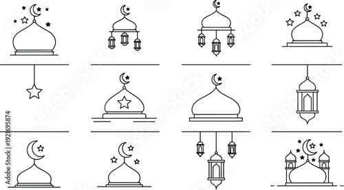 Festive Islamic Celebration Line Art Vector Set with Hanging Lantern Bunting and Urban Graffiti Art