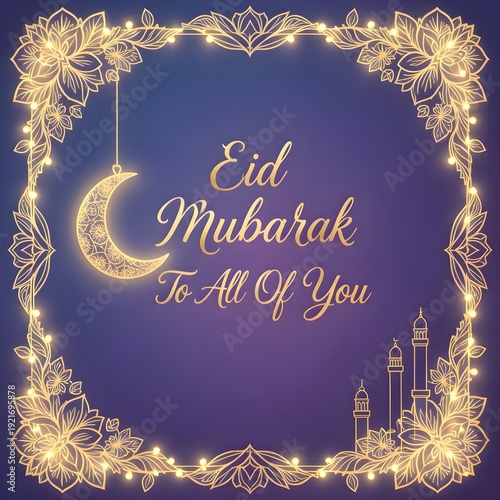 Eid al-Fitr Social Media Template - Glowing Golden Lights Border with Crescent Moon and Eid Mubarak Calligraphy, Editable Center