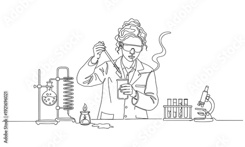 Single continuous line drawing female scientist immersed in research. Dedication to scientific discovery scientist and laboratory equipment
