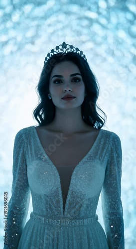 Elegant Woman in Crowned White Dress Poses in Sparkling Blue Light Show