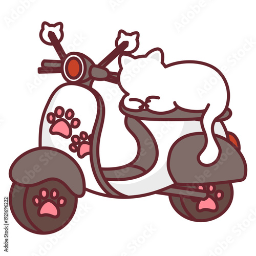 White motor scooter with sleeping cat and pink paw prints