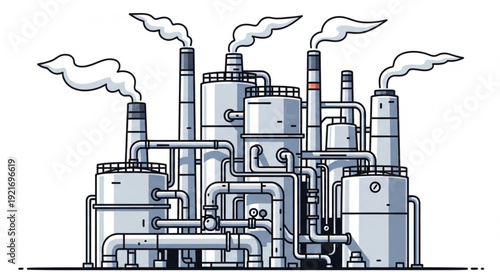 Industrial Factory with Pipes and Smokestacks.