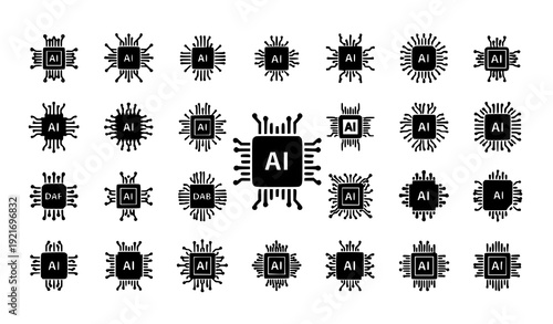 Black AI Chip Icons Set with Circuit Lines Flat Minimal Artificial Intelligence Technology Symbols