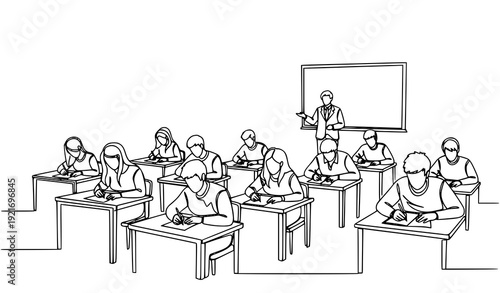 Continuous One Line Drawing Students Taking Exam in Classroom Minimal Education Concept Vector