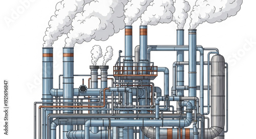 Industrial Factory with Pipes and Smokestacks.
