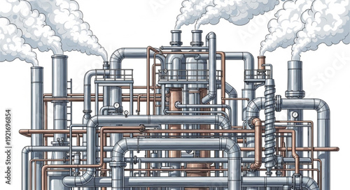 Industrial Factory with Pipes and Smokestacks.