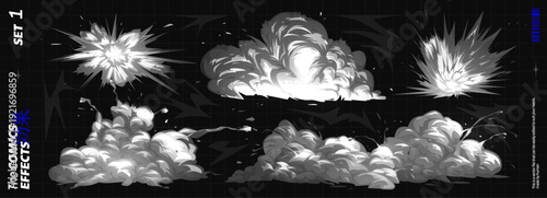 Effect, Comic, and Explosion in A Manga Style with Smoke Background and Magic Bomb for Special Anime Cartoon. Explosive Fire in Bw Black and White Vector Art Through A Fiery Blast of Impact.