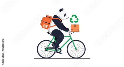 A panda delivers packages on a green bicycle showcasing eco friendly delivery in a flat style silhouette high quality professional detailed modern