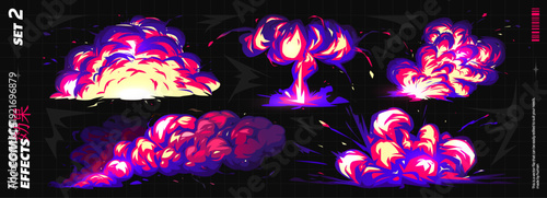 Comic Effect and Explosion with Manga Smoke Background for Magic Bomb or Explosive Special Effects. Anime Cartoon Magic with Explode Fire and Bw Game Cloud Through Dynamic Flame and Boom.