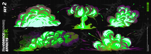 Comic Effect Explosion with Manga Smoke Background and Magic Bomb for Explosive Special Effects. An Anime Cartoon Speed Abstract in Nuclear Appearance, through Fiery Clouds and Flaming Impact.