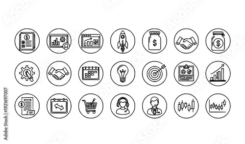 Modern Monoline Business and Finance Circle Icons with Entrepreneurship and Startup Concepts