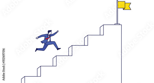 Businessman running up stairs to success with flag vector illustration for career growth goal achievement and motivation concept