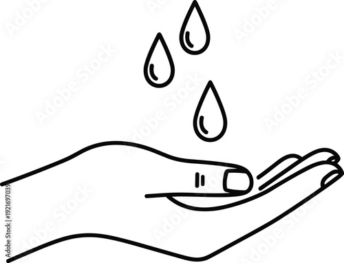 Hand holding water drops line icon vector for hygiene care hydration and environmental protection concept