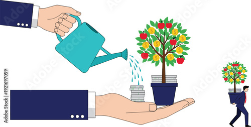 Investment growth concept with money tree watering can and business profit vector illustration for financial success design