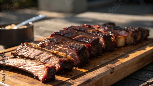 Smoked and grilled pork ribs cut into individual portions on wooden cutting board