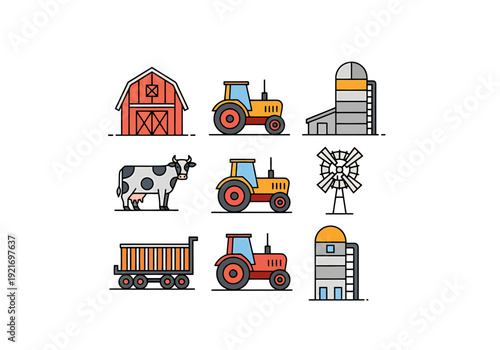 Collection of Farm Icons Including Barns Tractors Silos Cow and Windmill Elements Representing Rural Agriculture and Countryside Life