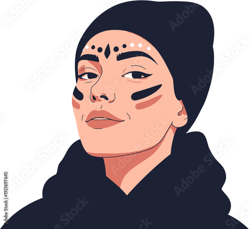 Bold and Expressive A captivating vector illustration of a young woman adorned with unique tribal-inspired face paint, exuding a confident gaze and modern artistic spirit in a flat design style