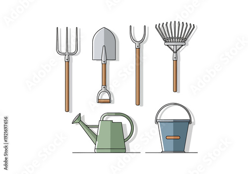 Gardening Tools Collection Featuring Pitchfork Shovel Cultivator Rake Watering Can and Bucket for Outdoor Planting and Yard Work