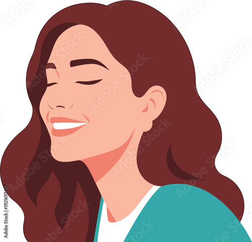 A young woman with long brown wavy hair, eyes closed and smiling, looking serene and happy