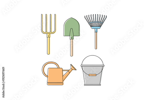 Collection of garden tools including a pitchfork shovel rake watering can and bucket set for outdoor maintenance and cultivation