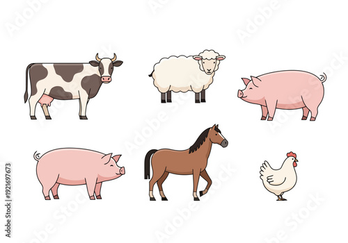 Farm Animal Collection Featuring Cattle Sheep Pig Horse and Chicken In Simple Cartoon Style Clean Background For Illustrative Purposes