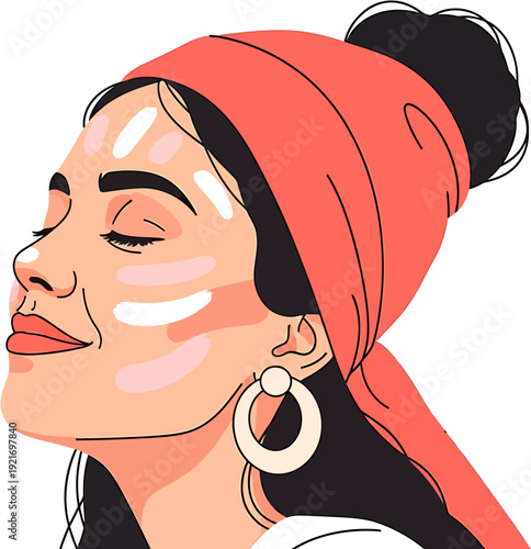 Close-up illustration of a woman with her eyes closed, wearing a headscarf and a large hoop earring, with rosy cheeks and makeup accents