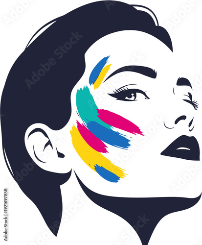Vibrant brushstrokes adorn the profile of a woman, symbolizing artistic expression, creativity, and the power of colorful self-identity through bold abstract design