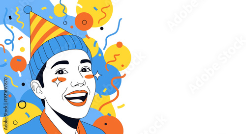 Lively illustration of a person celebrating with a vibrant party hat and colorful confetti, expressing pure joy and excitement for any festive occasion or happy event