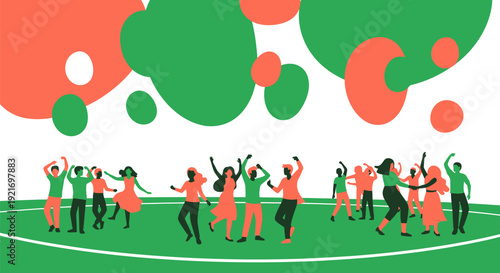 Group of Diverse People Dancing and Celebrating Joyfully Outdoors with Abstract Bubbles Overhead