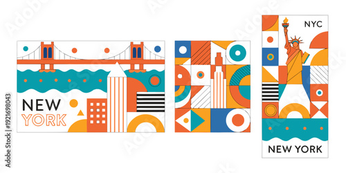 USA, US, U.S, United States - New York City Modern Art – Bold Geometric Posters Featuring Brooklyn Bridge, Statue of Liberty & NYC Landmarks in Vibrant Urban Designs
