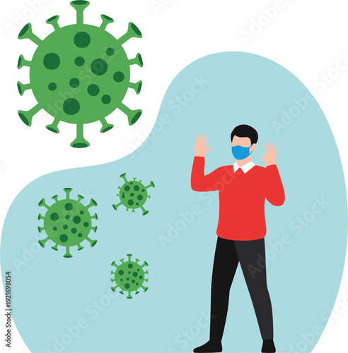 Man in face mask social distancing from virus particles vector illustration