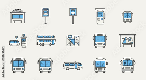 Collection of bus and transportation icons flat design.