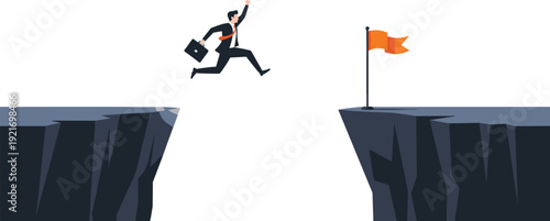 Businessman jumping over cliff to reach goal flag vector illustration for success challenge and career achievement concept