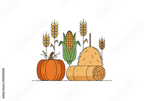 Autumn harvest display featuring a pumpkin corn cob straw bale and wheat stalks on a white background