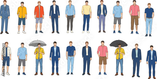 Set of men fashion characters wearing casual and formal clothes including suits and shorts isolated on white background for lifestyle and business design projects.