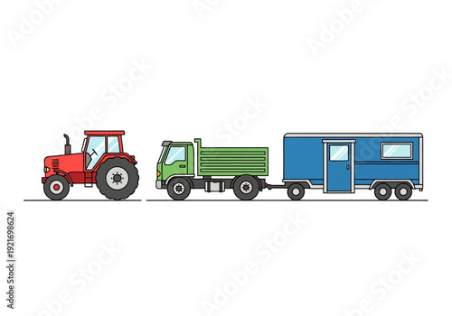 Red Tractor Pulling Green Dump Truck Attached To Blue Trailer Isolated On White Background For Transport Logistics And Agriculture Concept