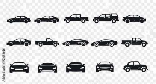 Collection of black car silhouettes on a transparent background.