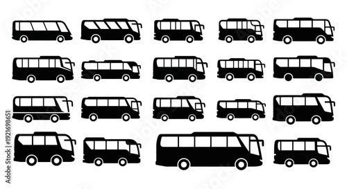 Collection of Black Bus Silhouettes on White Background.