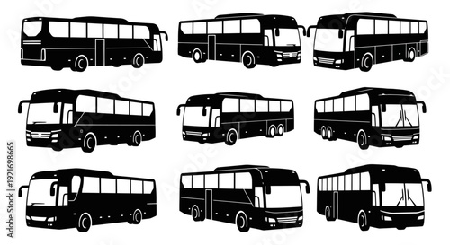 Collection of black bus silhouettes on white background.