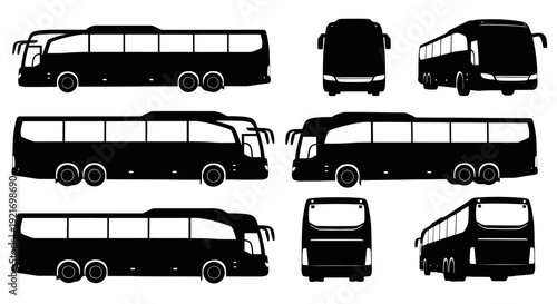 Collection of black bus silhouettes from various angles.