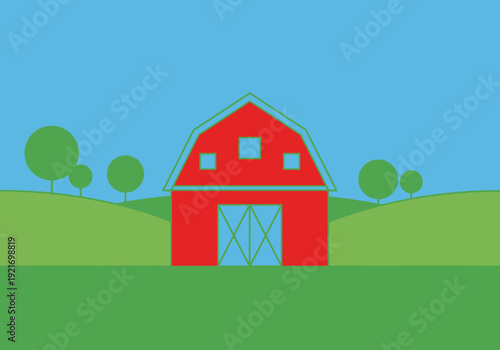 Red Barn Building Situated Amidst Rolling Green Hills Under a Clear Blue Sky With Stylized Trees