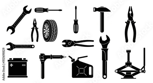 Collection of automotive tools and car parts silhouette.
