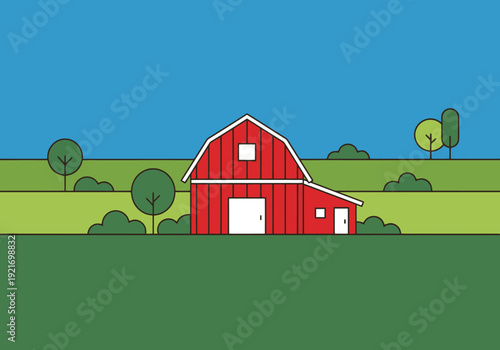 Charming Red Barn Scene with Green Rolling Fields and Trees on a Sunny Day in a Flat Design Style