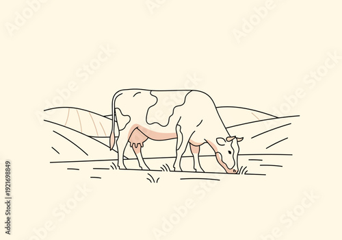 Farm animal grazing in pastoral landscape with rolling hills and dry grass under soft natural light a countryside scene