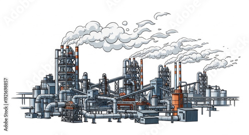 Industrial Factory with Smokestacks and Machinery.