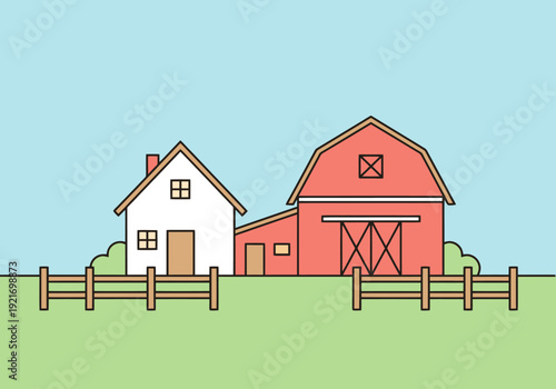 Simple Flat Design Rural Farm Landscape With Barn House and Wooden Fence Under Clear Blue Sky